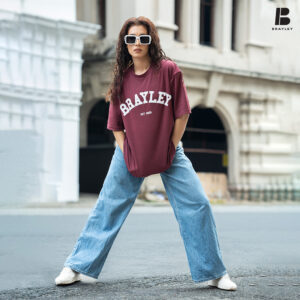 BRAYLEY Woman front puff oversized Tee - Maroon